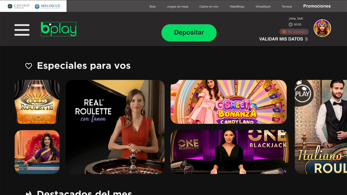 Pantalla de juegos de Bplay: Especiales para vos con Gold Roulette, Real Roulette, Sweet Bonanza y One Blackjack, con Depositar y el saldo arriba