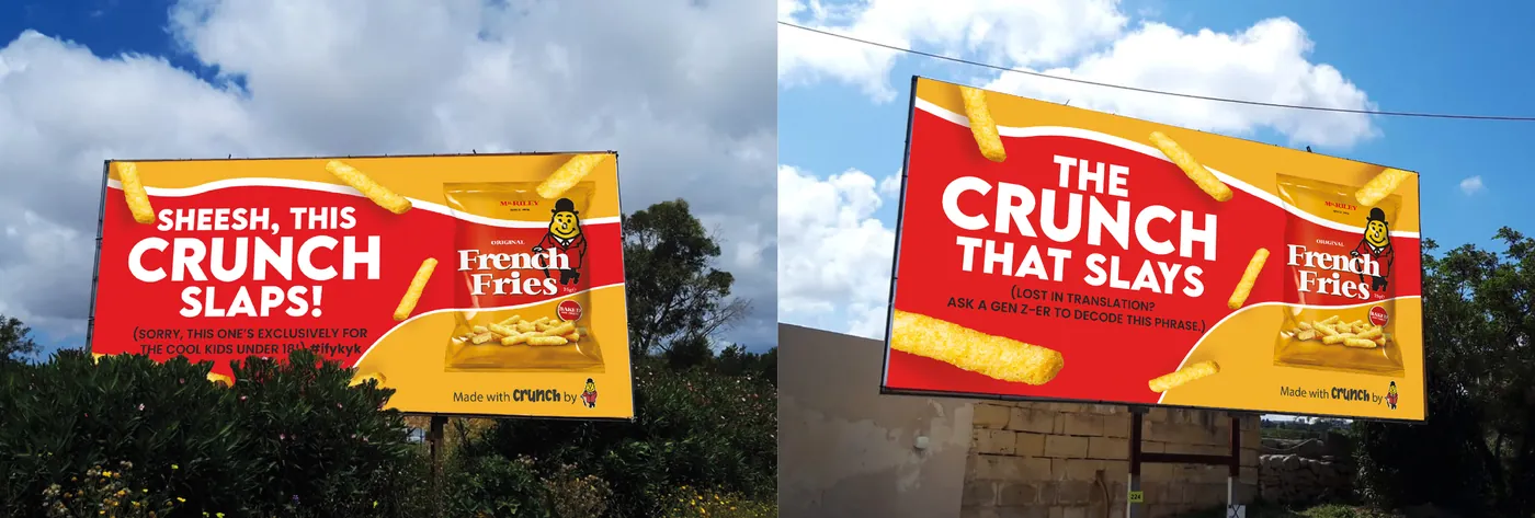 שני שלטי דרך עם המשפטים “Sheesh, this crunch slaps” ו-“The crunch that slays”
