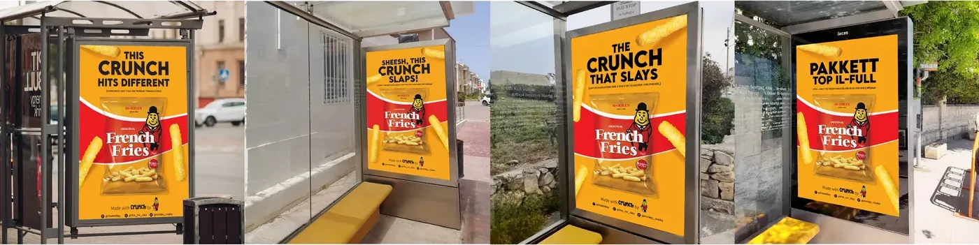 ארבע תחנות אוטובוס עם כרזות Crunch של Pakkett