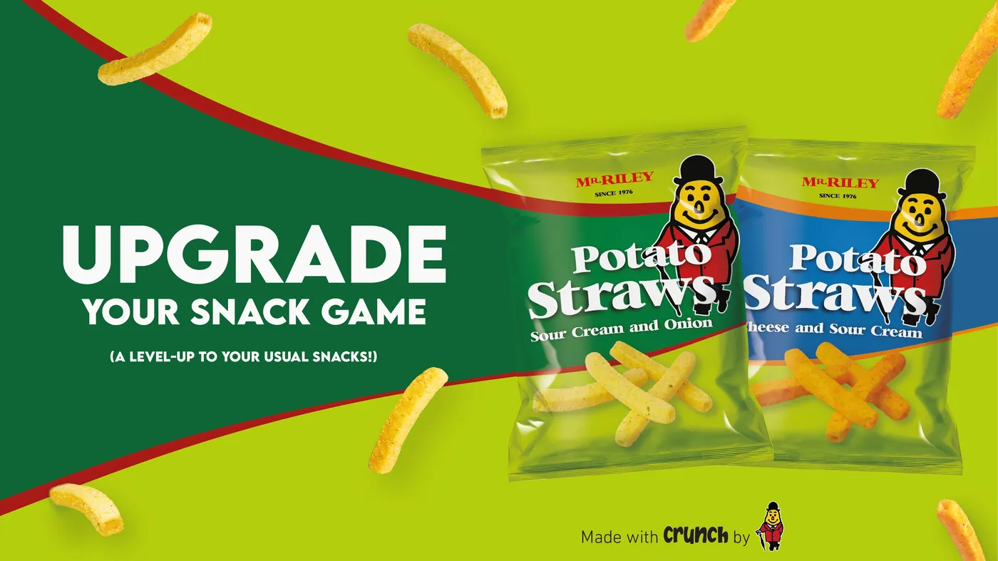 שתי חבילות Potato Straws, שמנת ובצל וגבינה ושמנת, עם המסר Upgrade your snack game