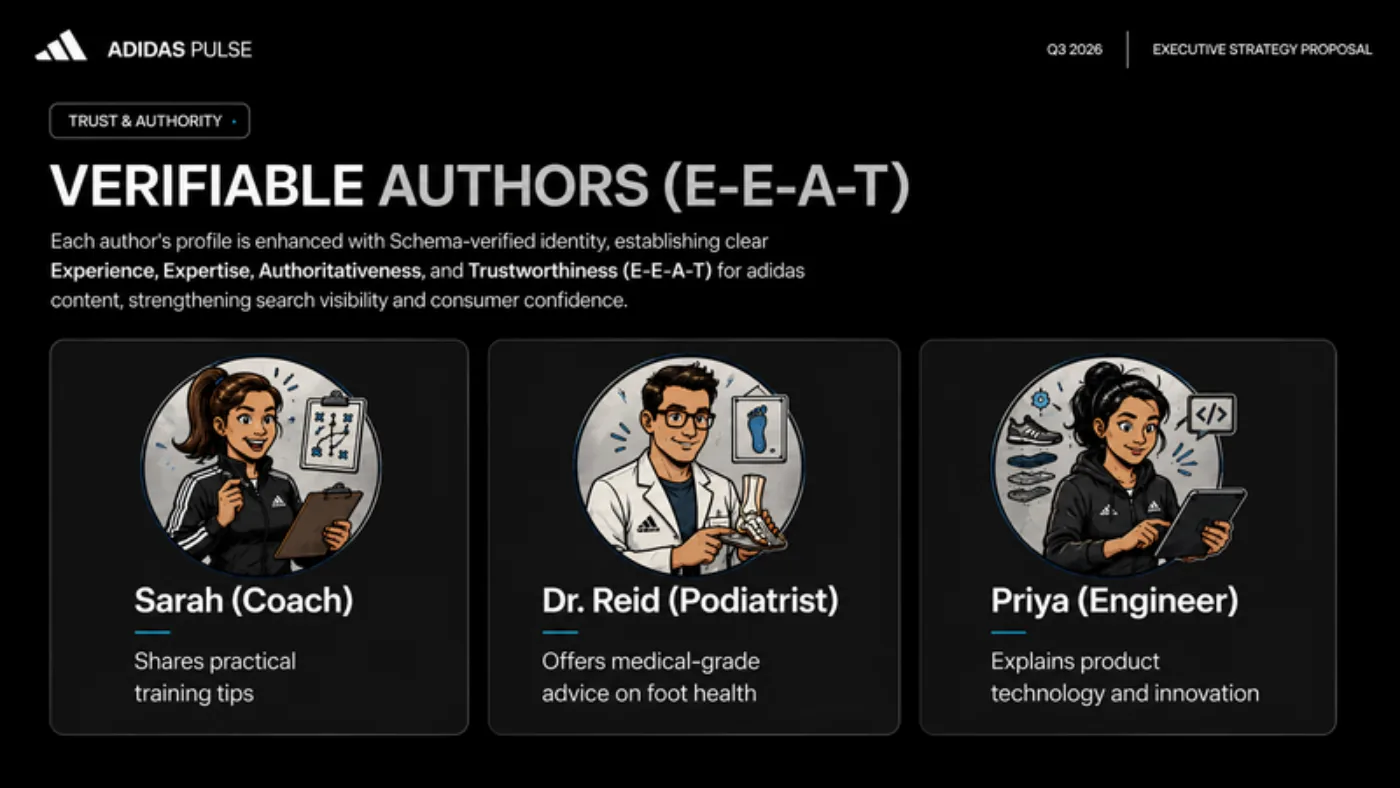 Slide Verifiable authors (E-E-A-T) with three profiles: coach, podiatrist and engineer