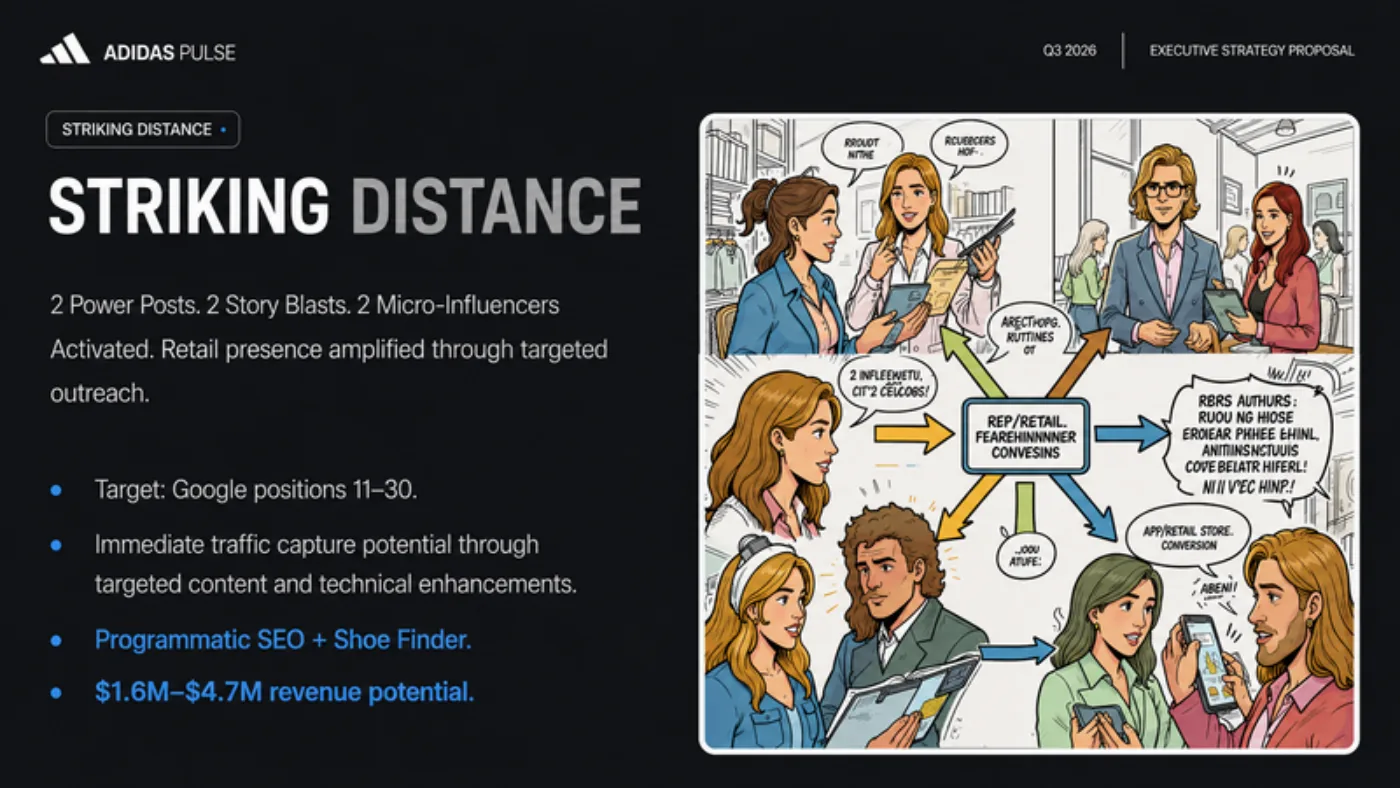 Slide Striking distance: target Google positions 11 to 30, programmatic SEO and shoe finder, revenue potential of 1.6 to 4.7 million
