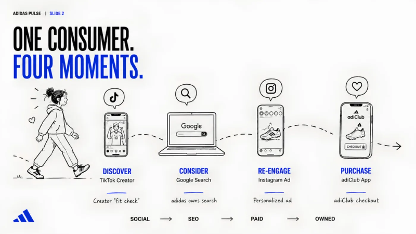 Slide One consumer, four moments: discover, consider, re-engage, purchase
