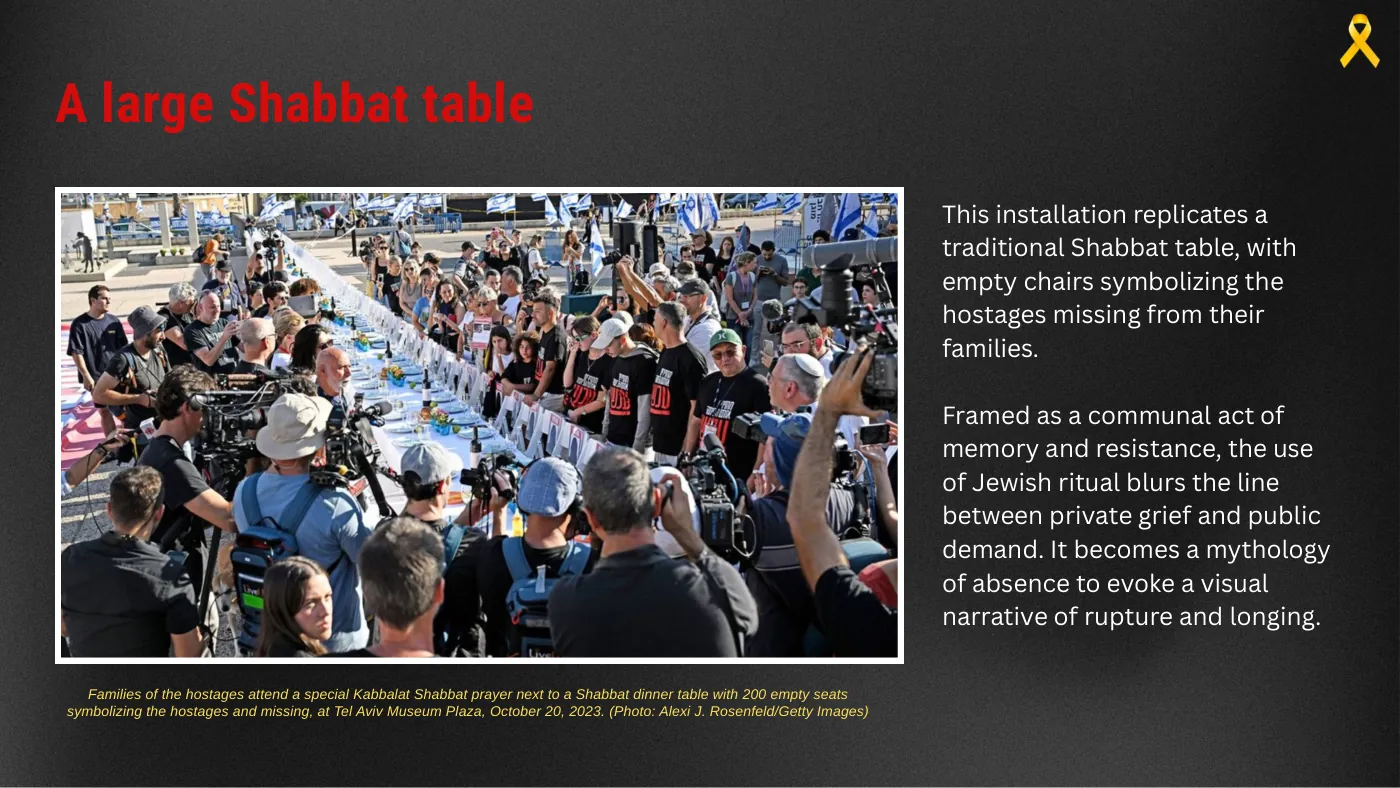 Slide with the Shabbat table of 200 empty chairs in Hostages Square