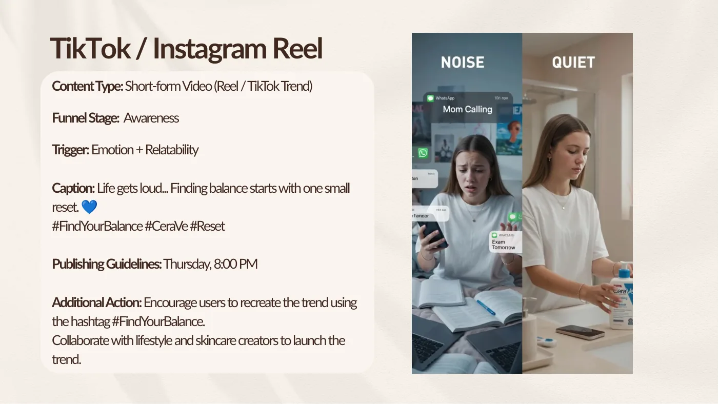 Slide of the reel: split screen Noise and Quiet, a girl with her phone and the same girl calm