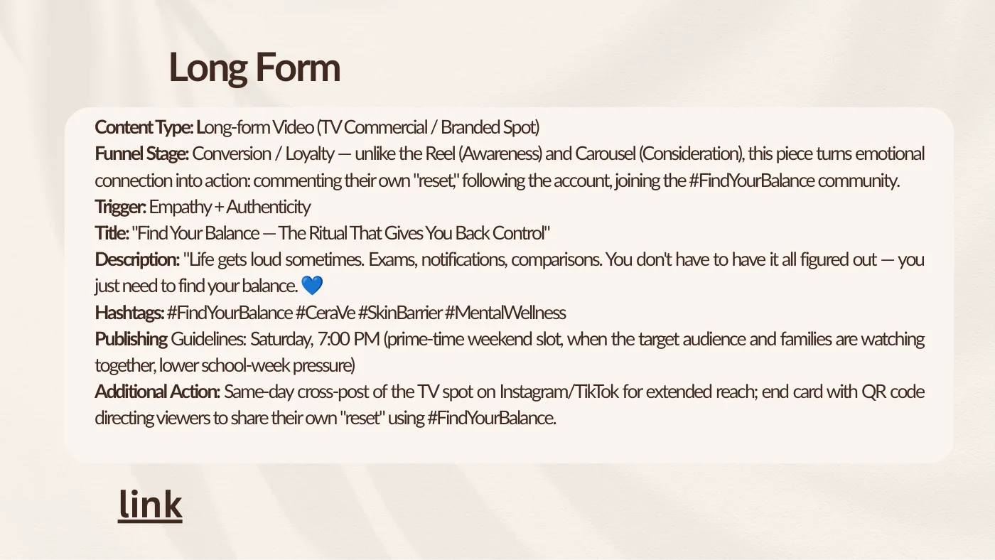 Slide of the long piece: TV spot, conversion and loyalty stage, with publishing guidelines