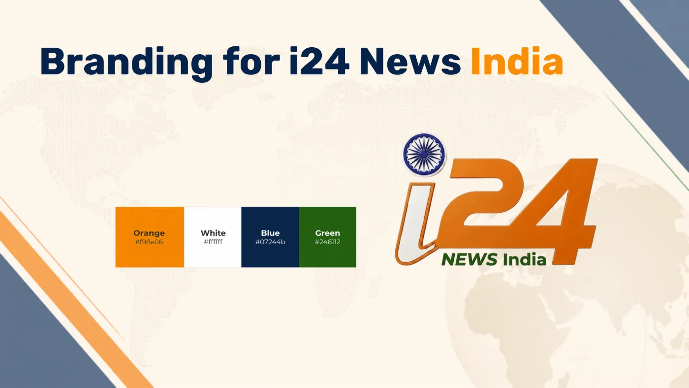 Slide Branding for i24 News India: the final logo, with the white i outlined in orange and the chakra of India’s flag as its dot, and the orange, white, blue and green palette