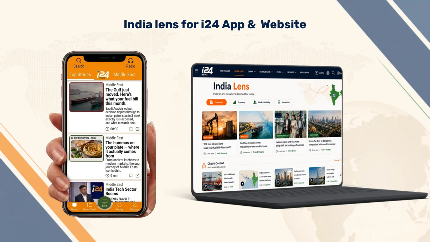 Mockup of India Lens in the app and on the site