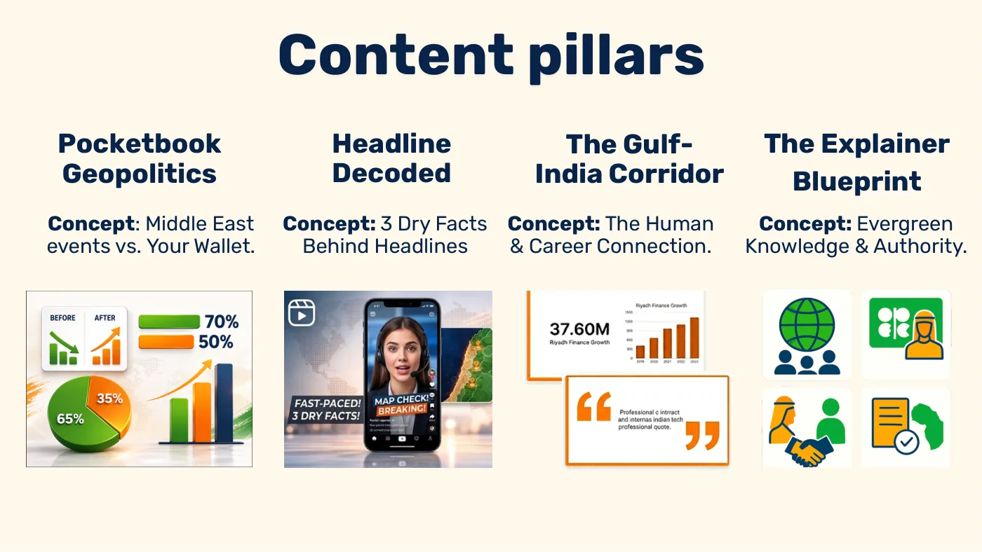Slide Content pillars with visual examples of each pillar