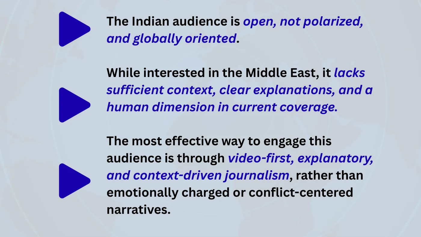 Conclusion slide: open, non-polarized audience; explanatory journalism in video
