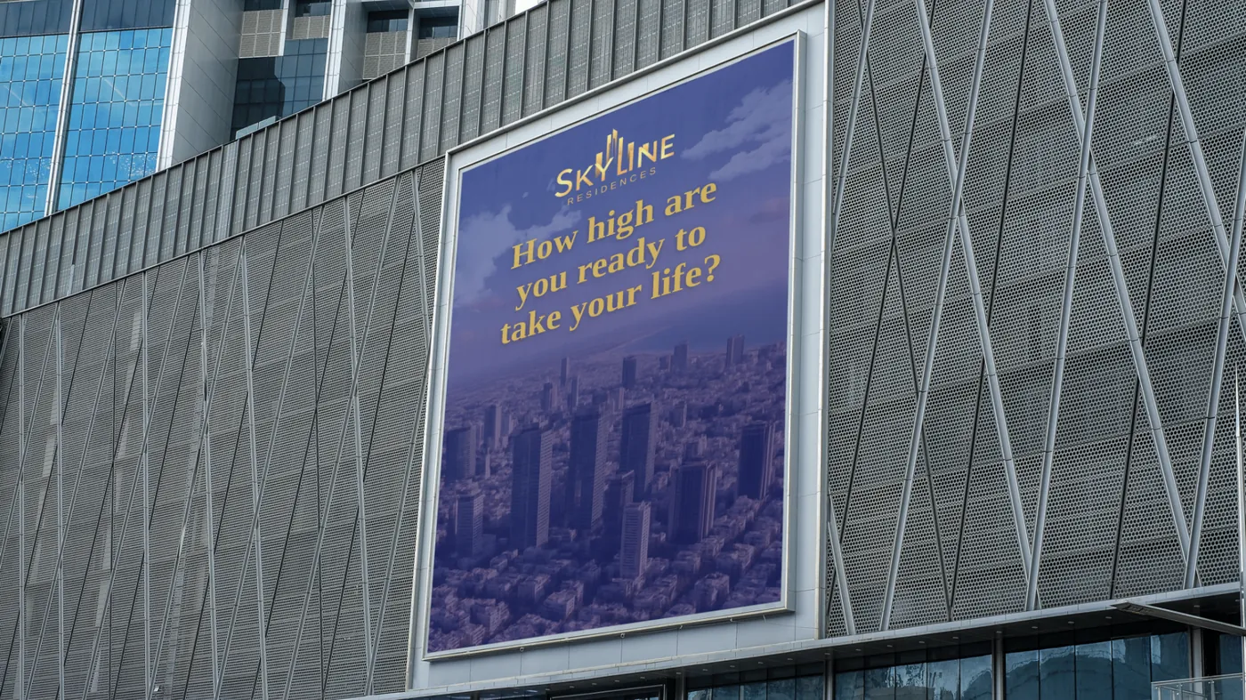 מוקאפ של שלט על חזית בניין עם השאלה How high are you ready to take your life?