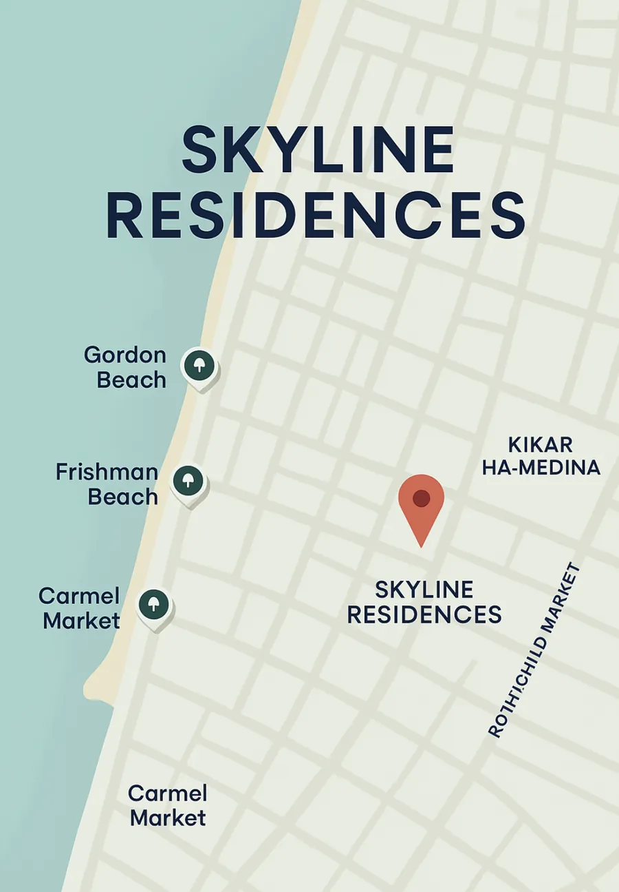 מפה מאוירת עם המיקום של Skyline Residences בין רוטשילד, כיכר המדינה והחופים