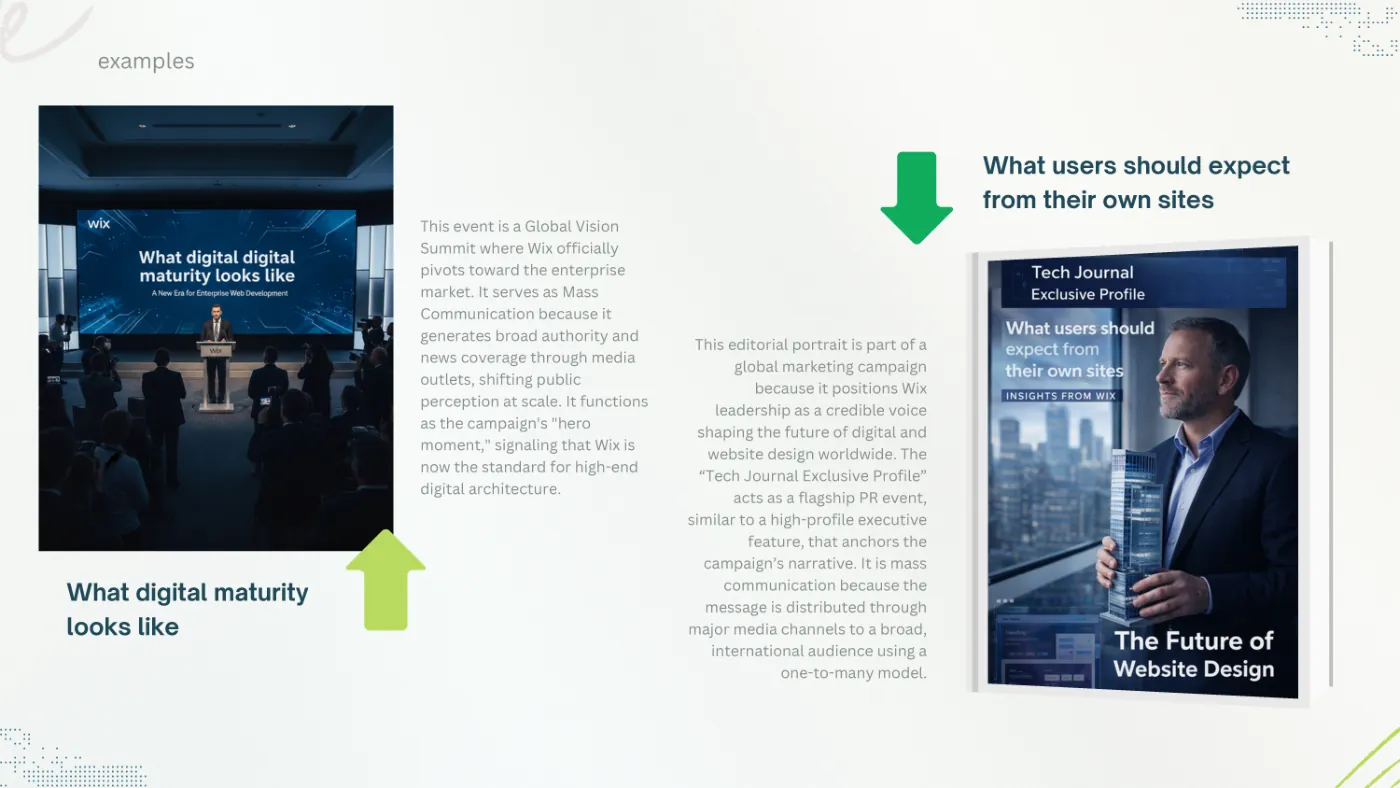Examples: a global vision summit and an exclusive profile in a technology magazine