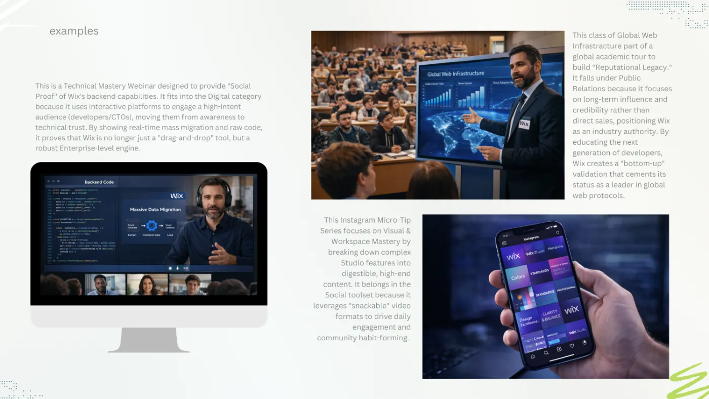 Examples: technical webinar, micro-tips on Instagram and a class on an academic tour