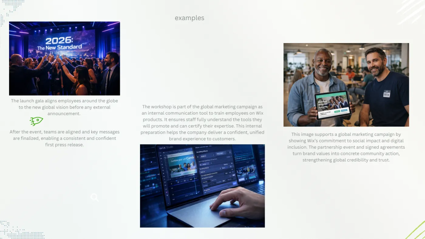 Examples: the internal launch event, a product workshop and the signing of an agreement with a social organization