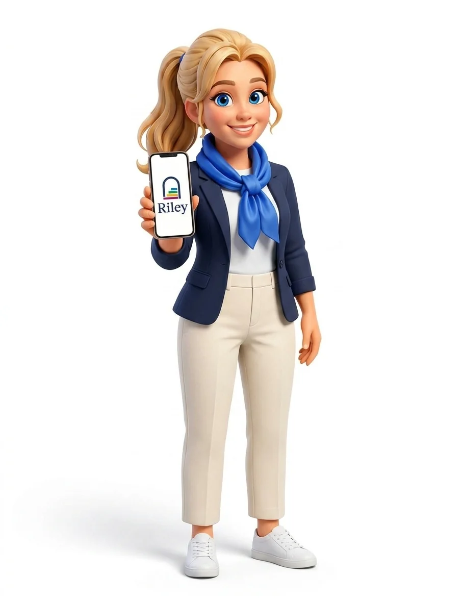 Riley, the character: a young agent in a navy blazer and a blue scarf showing a phone with the Riley logo