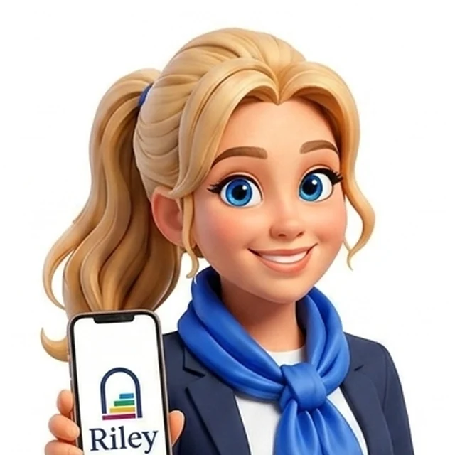 Portrait of the Riley character: she smiles and shows a phone with the logo