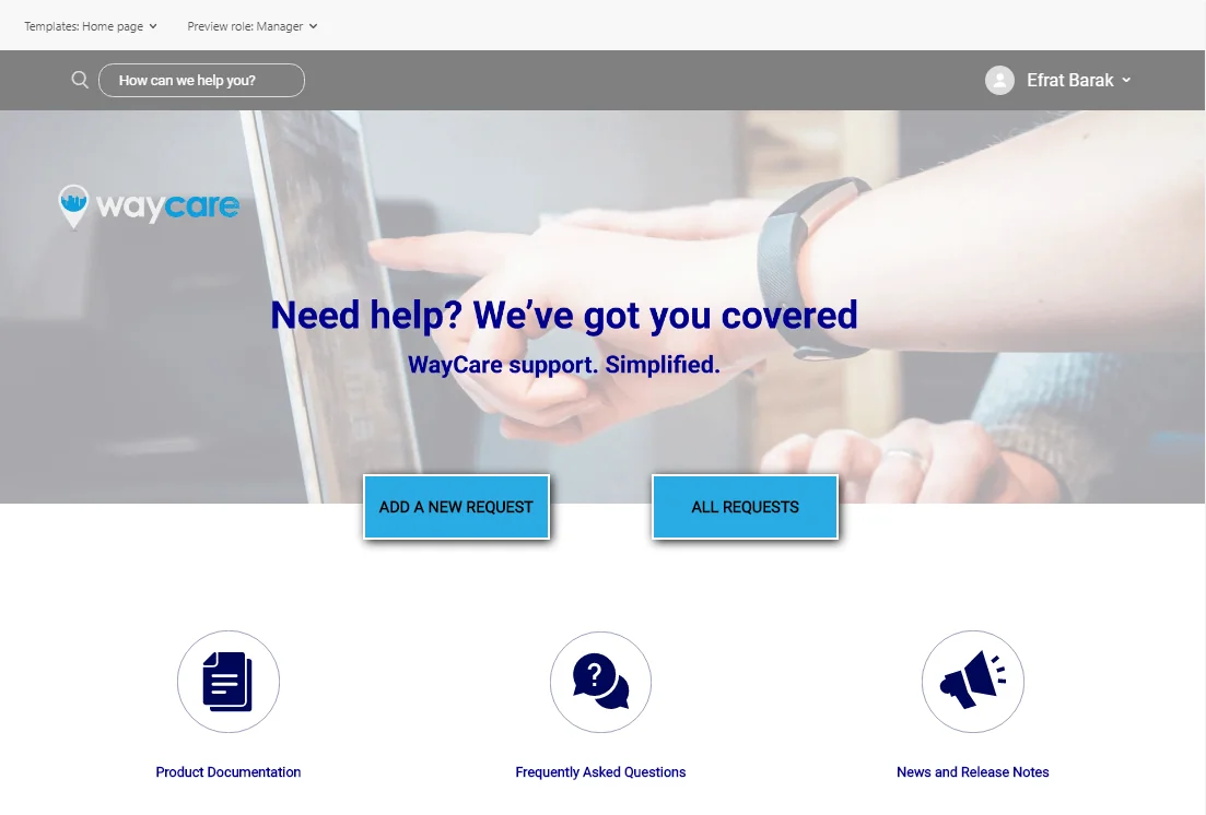 דף הבית של מרכז העזרה של Waycare