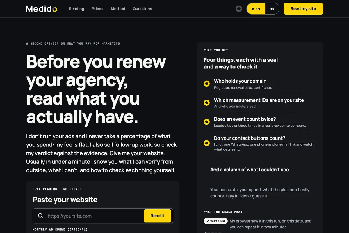 Screenshot of the Medido website in English