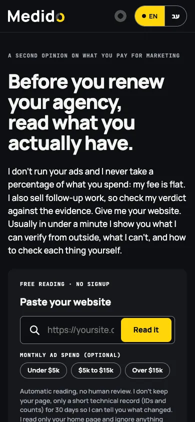 Screenshot of the Medido website on a phone screen